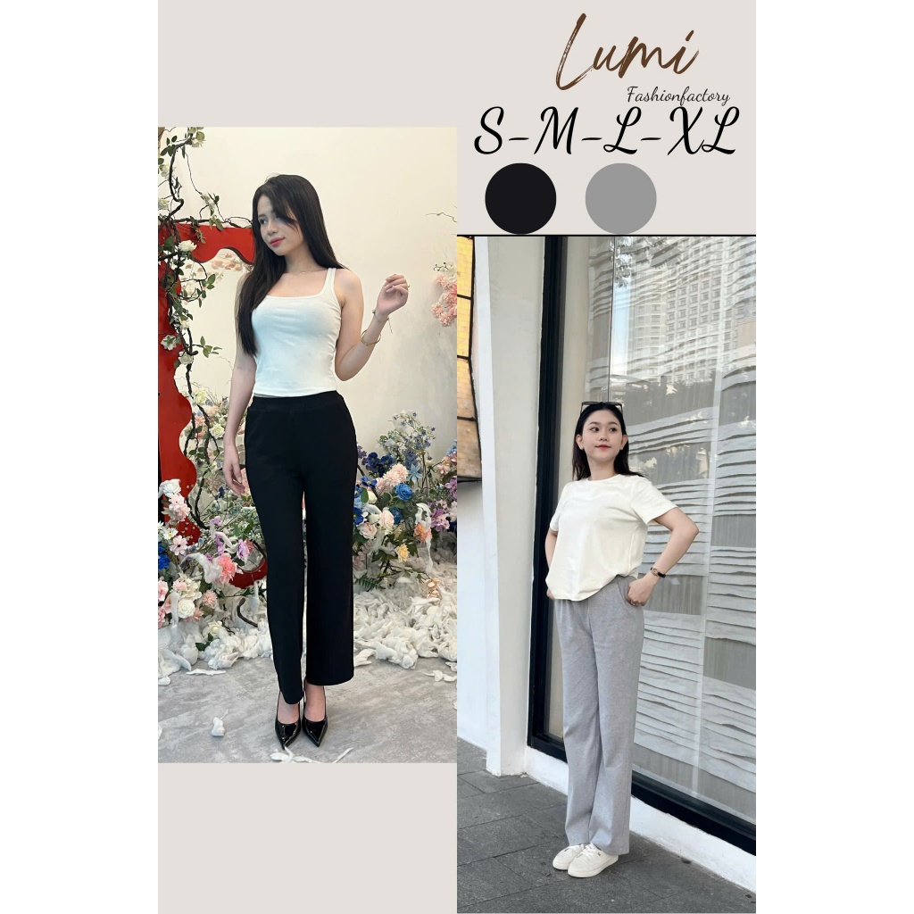 LUMI - Quần dài nữ thun gân co giãn 2 chiều ống đứng hơi loe có túi, thích hợp đi chơi, tập thể dục