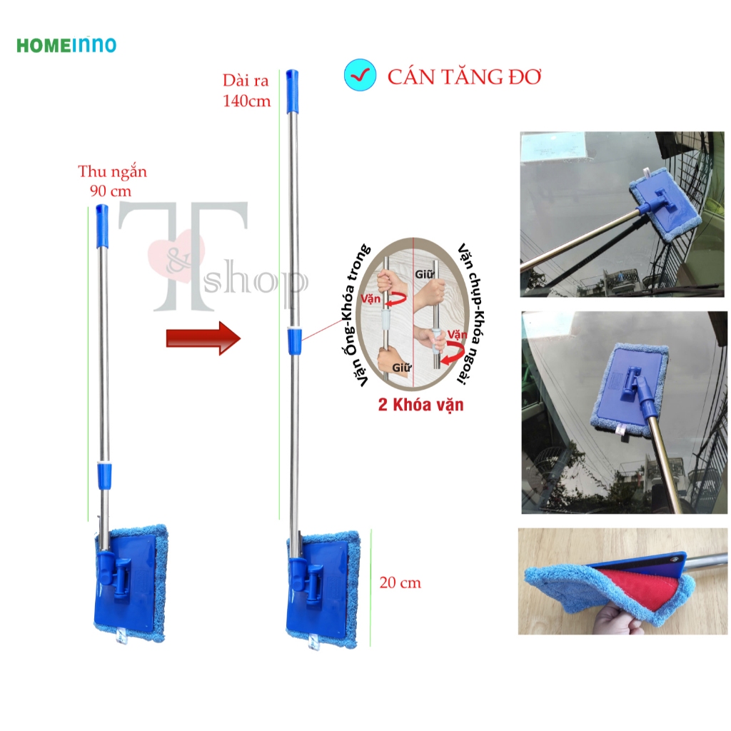 Cây Lau Kính Nhỏ Bản Nhựa Kiểu Dán 20cm Homeinno Tấm Lau Microfiber Mịn / San Hô Cán Tăng Đơ Thu Ngắn 90cm Dài Ra 1m4