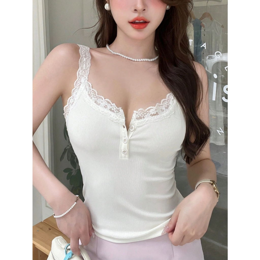 Áo Hai Dây Nữ Dáng Camisole Phối Ren Có Cúc Cài Phía Trước YN030