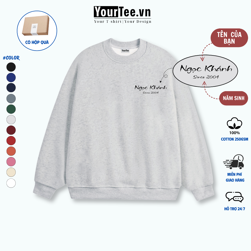 [ÁO SWEATER IN TÊN] Áo Sweater Nỉ In Logo + Ngày Kỉ Niệm Cá Nhân Hóa, Vải Bông Ấm Mịn YW03 + CÓ HỘP