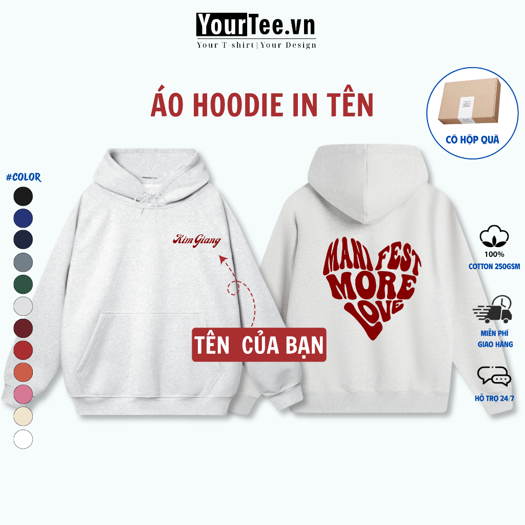 [ÁO HOODIE IN TÊN] Áo Hoodie Nỉ Bông Mịn Mượt, Lót Bông Ấm, In Tên Trước Ngực + More Love YH07 + CÓ HỘP