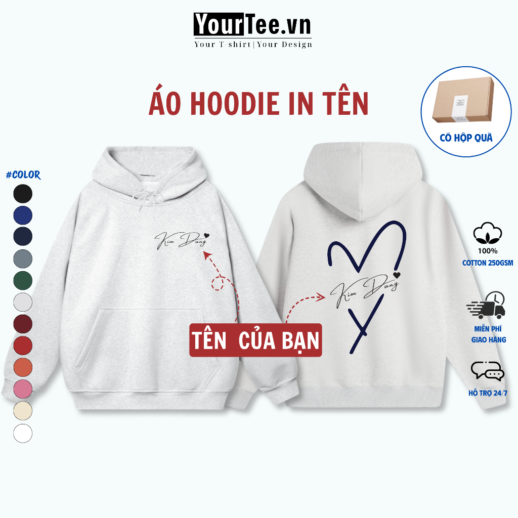 [ÁO HOODIE IN TÊN] Áo Hoodie Chất Liệu Nỉ Bông Dày 350gsm, Lót Bông, In Tên Của Bạn Và Người Bạn Thương YH08 + CÓ HỘP