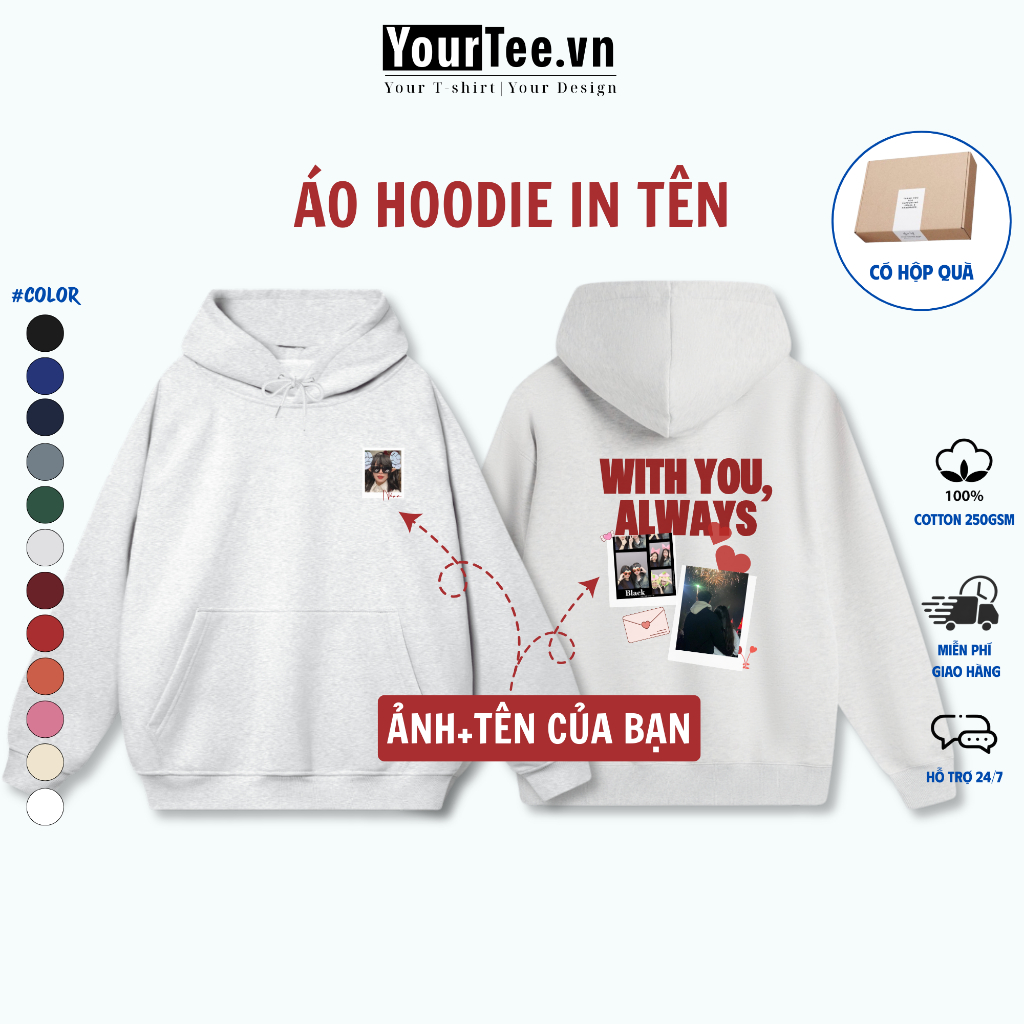 [ÁO HOODIE IN TÊN] Áo Hoodie Nỉ Bông Cao Cấp 350gsm, Hình In Sáng Màu, Tên và Ảnh Của Bạn YH09 + CÓ HỘP