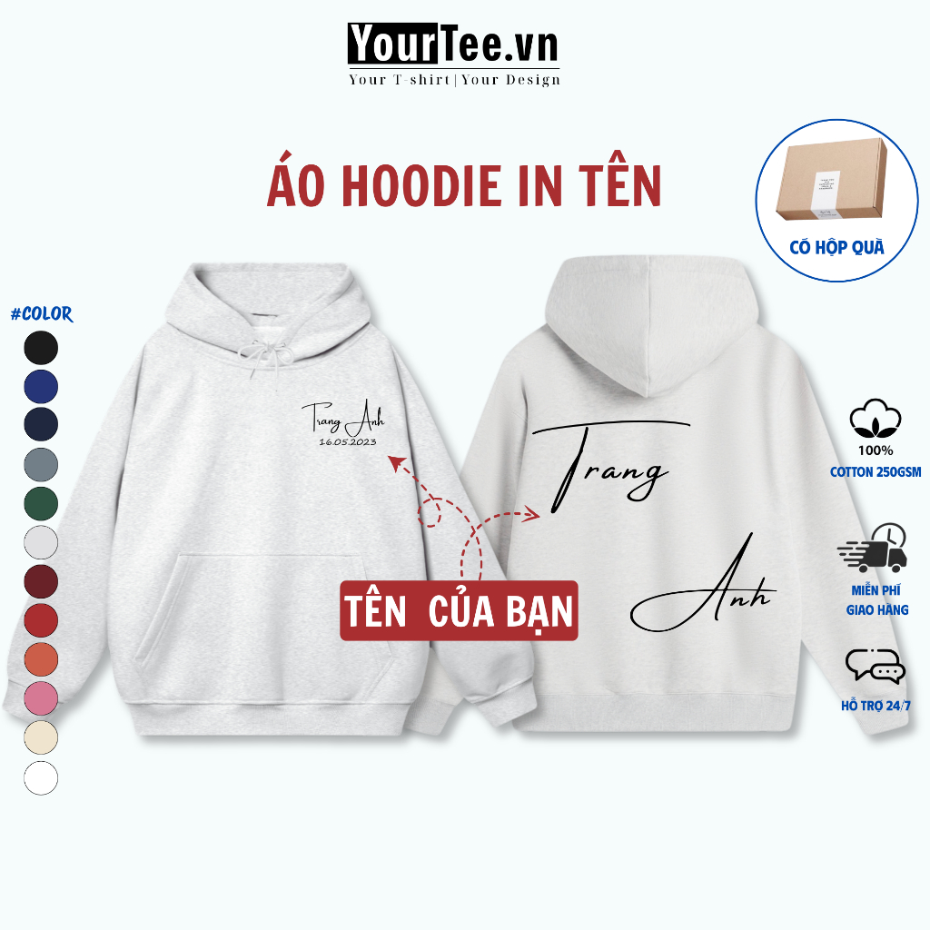 [ÁO HOODIE IN TÊN] Áo Hoodie In Theo Yêu Cầu, Lót Bông Dày, In Tên Của Riêng Bạn YH10 + CÓ HỘP