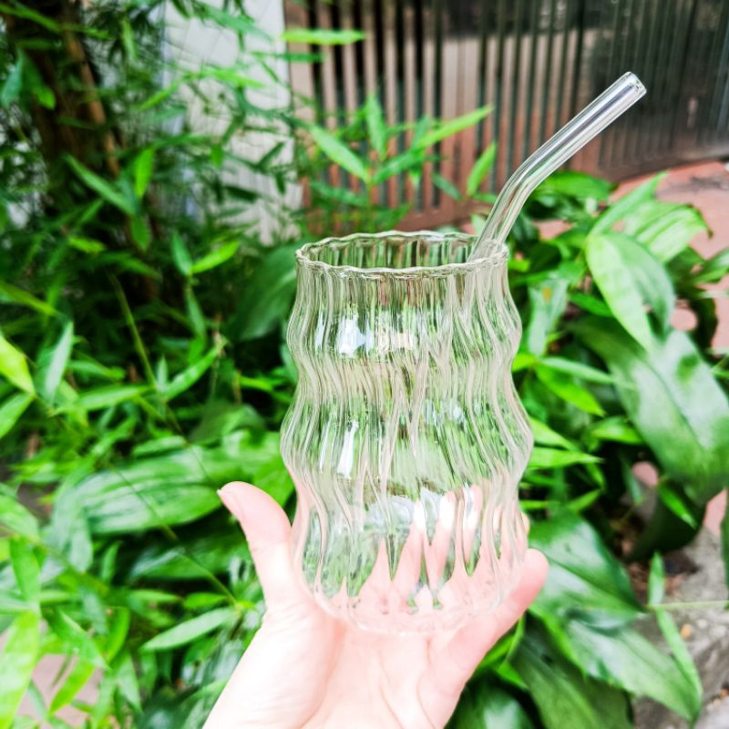 Ly Thủy Tinh Gợn Sóng Nghệ Thuật 350ml – Ly Uống Cà Phê, Trà Sữa, Nước Ép Decor Sang Trọng
