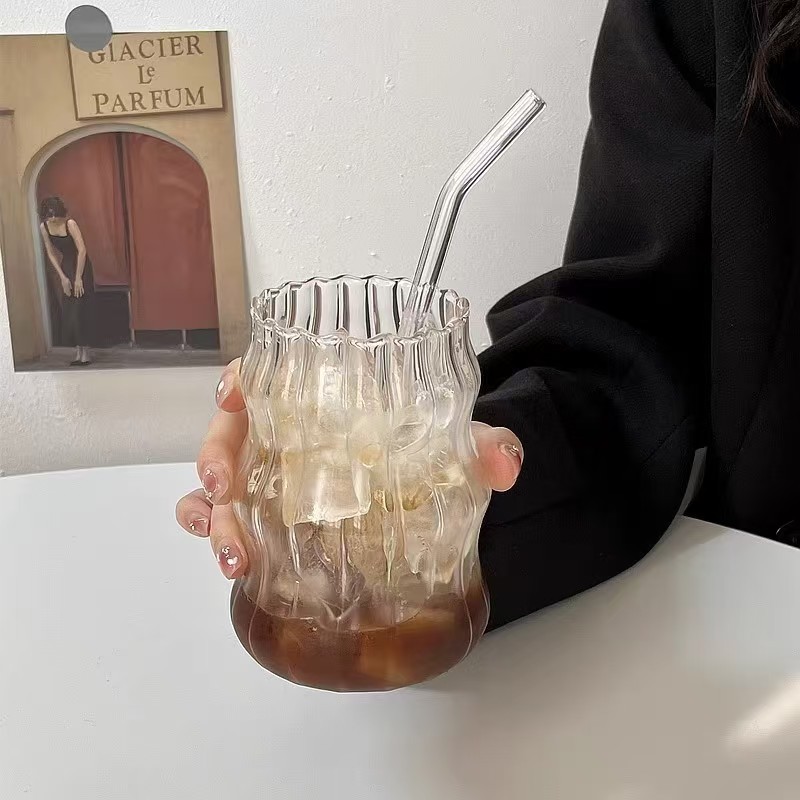 Ly Thủy Tinh Gợn Sóng Nghệ Thuật 350ml – Ly Uống Cà Phê, Trà Sữa, Nước Ép Decor Sang Trọng