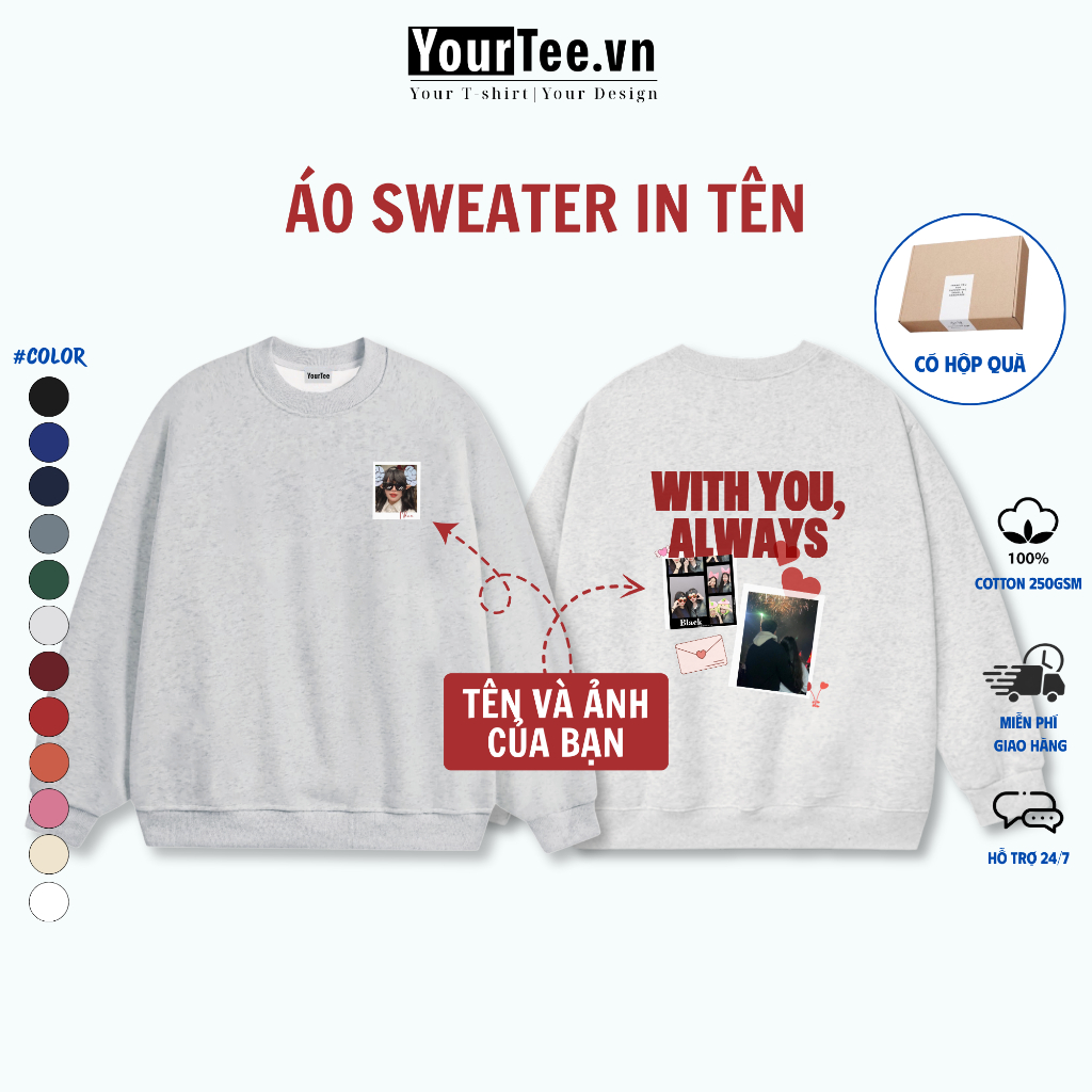 [ÁO SWEATER IN TÊN] Áo Sweater In Tên + Ảnh Couple Của Bạn – Quà Tặng Ý Nghĩa YW09 + CÓ HỘP