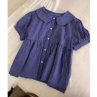 Áo nữ dáng babydoll cổ tròn caro xanh tay bo chun chất cotton xinh xắn VANISA CT427