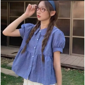 Áo kiểu nữ caro xanh cổ Peter Pan dáng babydoll chất cotton form xòe VANISA CT427
