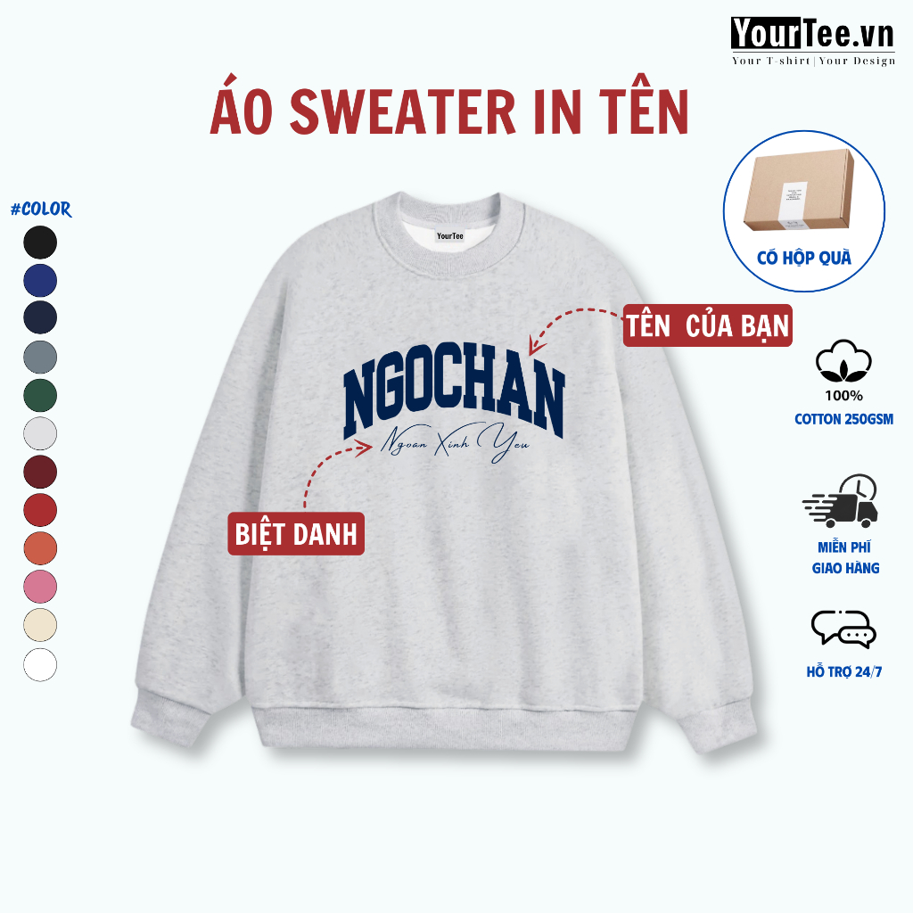 [ÁO SWEATER IN TÊN] Áo Sweater Couple Dáng Rộng Nỉ Bông Form Oversize In Tên Theo Yêu Cầu YW02 + CÓ HỘP