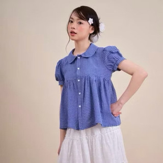 Áo sơ mi nữ cotton dáng babydoll caro xanh tay ngắn phồng nhẹ cổ tròn VANISA CT427