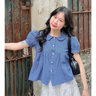 Áo sơ mi nữ cotton dáng babydoll caro xanh tay ngắn phồng nhẹ cổ tròn VANISA CT427