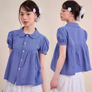 Áo sơ mi nữ cotton dáng babydoll caro xanh tay ngắn phồng nhẹ cổ tròn VANISA CT427