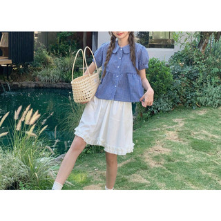 Áo kiểu nữ caro xanh cổ Peter Pan dáng babydoll chất cotton form xòe VANISA CT427