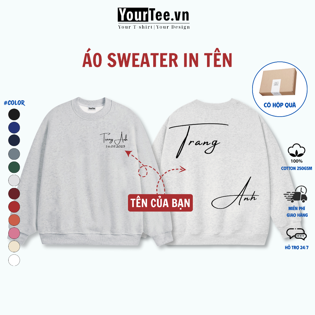 [ÁO SWEATER IN TÊN] Áo Sweater Nỉ In Tên Theo Yêu Cầu, In Chéo Đẹp, Dày Dặn Giữ Ấm YW10 + CÓ HỘP