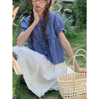 Áo kiểu nữ caro xanh cổ Peter Pan dáng babydoll chất cotton form xòe VANISA CT427