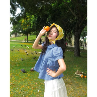 Áo nữ dáng babydoll cổ tròn caro xanh tay bo chun chất cotton xinh xắn VANISA CT427