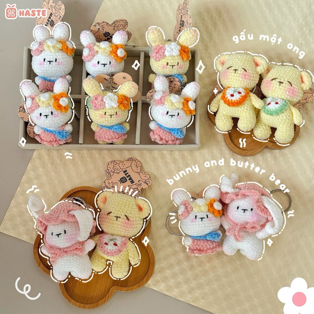 Móc Khoá Len Nhung Gấu Thỏ Bunny Butter Bear Mật Ong Teddy Handmade Mềm Mịn Dễ Thương