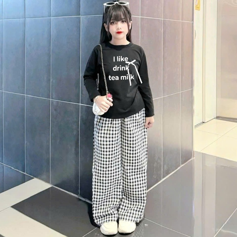 14-45kg.Sét bộ thu đông dài tay cho bé gái in chữ đính nơ quần ống xuông,quần chất vải tăm lạnh co giãn thoải.m40