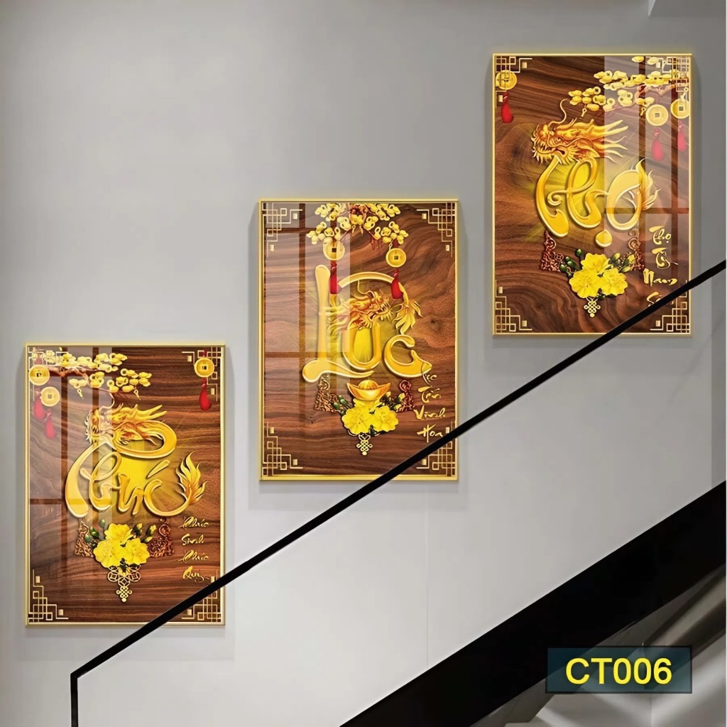 Bộ 3 Tranh Tráng Gương Treo Tường " Phúc Lộc Thọ " Treo Cầu Thang, Trang Trí nhà cửa, Quà Tặng Tết