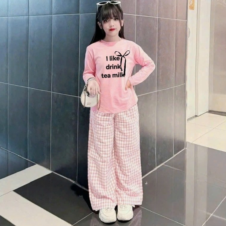 14-45kg.Sét bộ thu đông dài tay cho bé gái in chữ đính nơ quần ống xuông,quần chất vải tăm lạnh co giãn thoải.m40