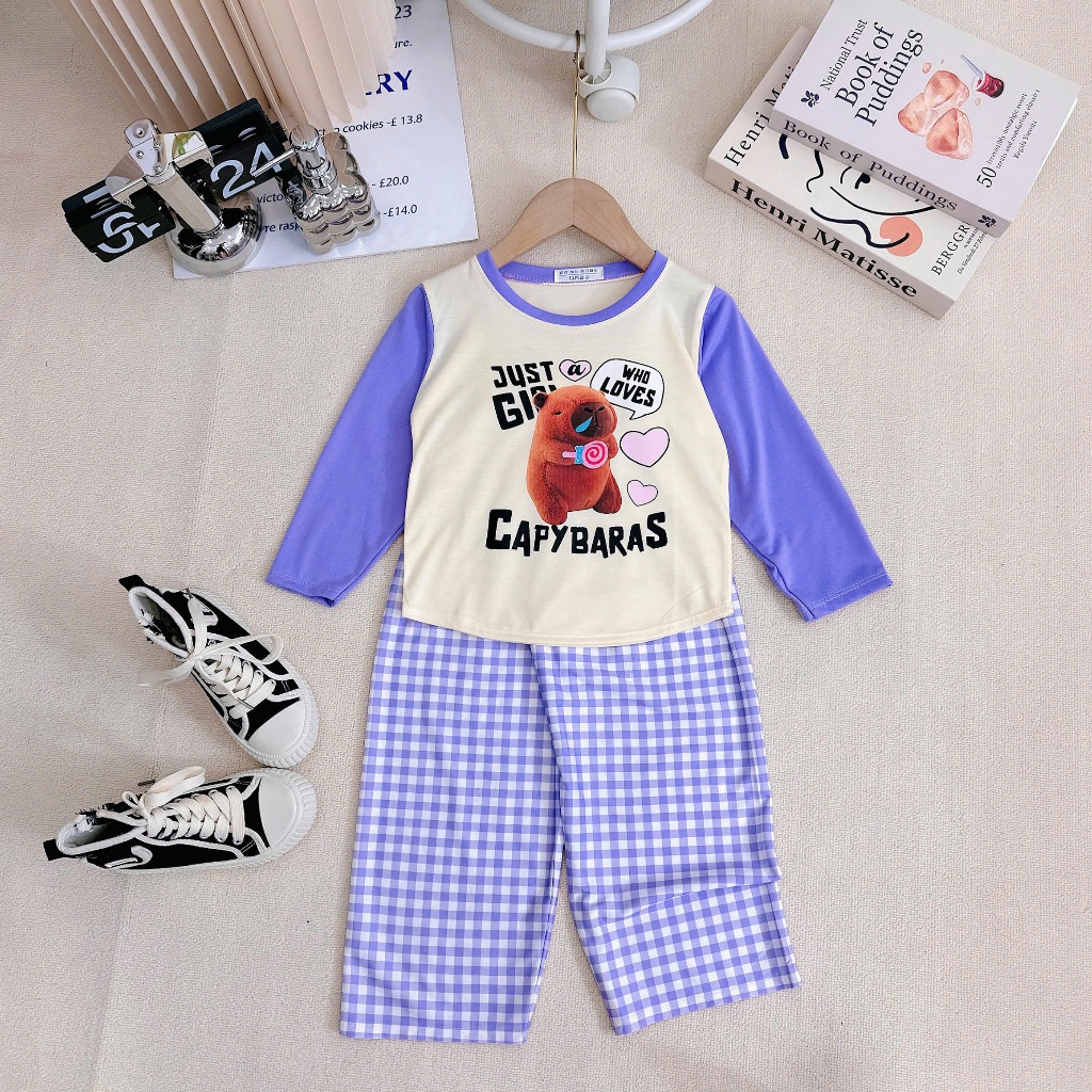 Bộ Dài Tay Quần Caro In Nhiệt Hình CAPYBARA Cho Bé Gái 9-50 KG Chất Vải Cotton đồ  ngủ