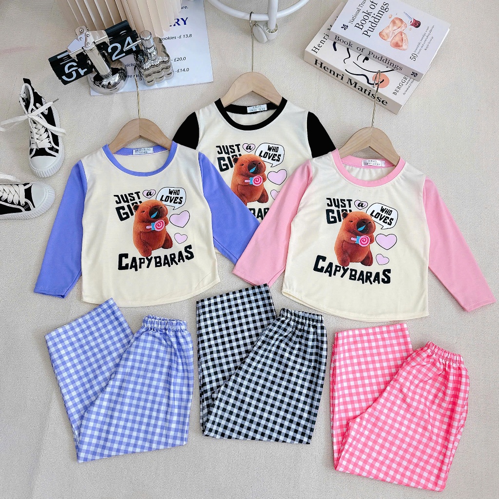 Bộ Dài Tay Quần Caro In Nhiệt Hình CAPYBARA Cho Bé Gái 9-50 KG Chất Vải Cotton đồ  ngủ
