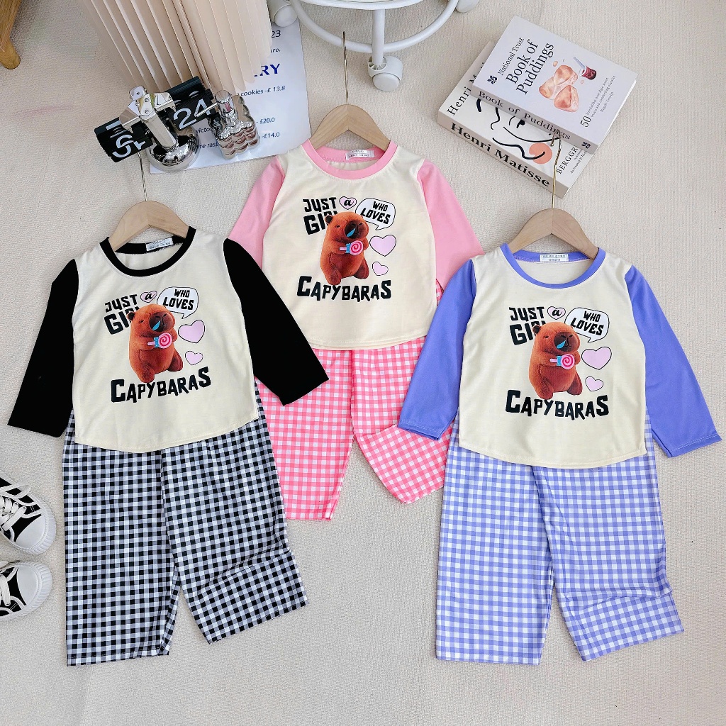 Bộ Dài Tay Quần Caro In Nhiệt Hình CAPYBARA Cho Bé Gái 9-50 KG Chất Vải Cotton đồ  ngủ