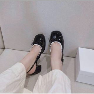 Giày SlingBack Đế Cao 5P Đính Nơ Mix Viền Ren Hở Gót Mũi Vuông Da Bóng Mềm Tiểu Thư Vintage Mã N169