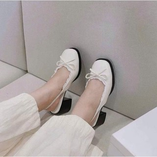 Giày SlingBack Đế Cao 5P Đính Nơ Mix Viền Ren Hở Gót Mũi Vuông Da Bóng Mềm Tiểu Thư Vintage Mã N169