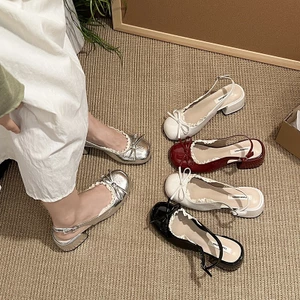 Giày SlingBack Đế Cao 5P Đính Nơ Mix Viền Ren Hở Gót Mũi Vuông Da Bóng Mềm Tiểu Thư Vintage Mã N169