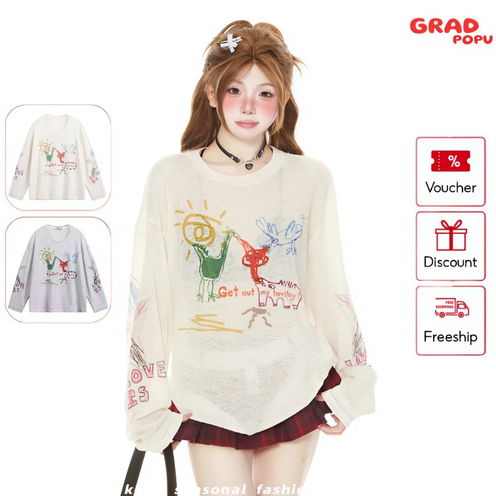 Áo thun nữ tay dài GRADPOPU mỏng nhẹ in họa tiết graffiti phong cách Mỹ thoáng mát mùa hè mới DT152