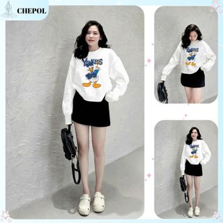 Set Bộ Nỉ Nữ Thu Đông CHEPOL Cổ Tròn, In Chú Vịt, Chất Nỉ Chân Cua Cao Cấp ( Áo Sweater Trắng + Chân Váy Đen ) -CP_14133