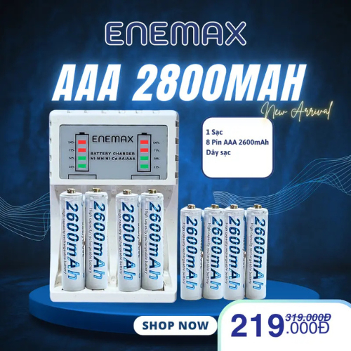 [ENEMAX] Pin Sạc Tái Sử Dụng Combo 1 Sạc + 8 Pin AAA 2600mAh