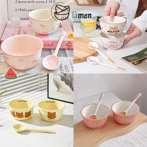 Set 2 Bát 2 Thìa Sứ Nhiều Hình Dễ Thương, Bộ Bát Cơm Sứ In Hình Đáng Yêu SET2BAT