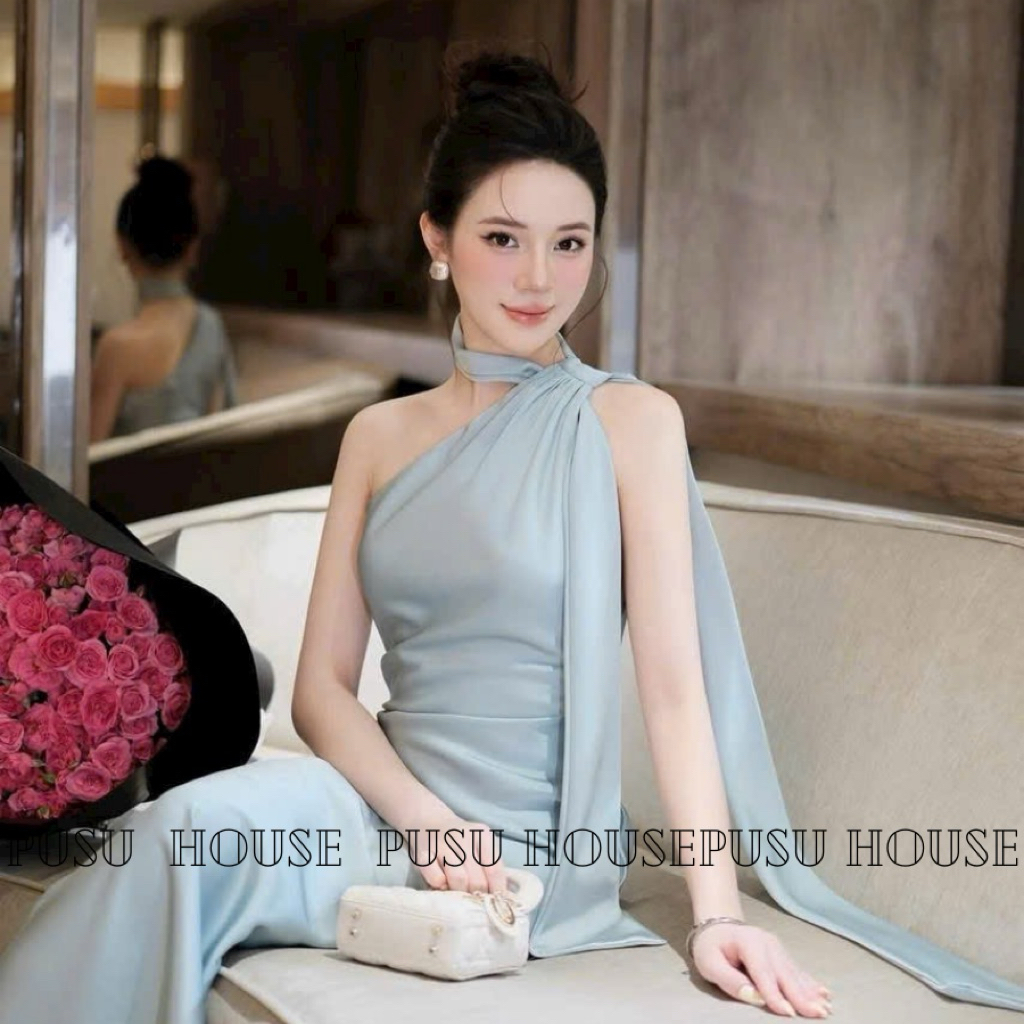 Đầm lụa dự tiệc cổ yếm lệch vai dáng dài sang chảnh - Pusu house