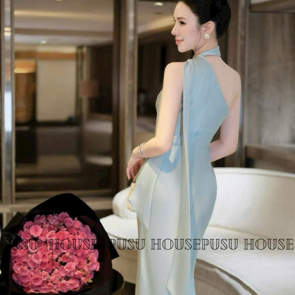 Đầm lụa dự tiệc cổ yếm lệch vai dáng dài sang chảnh - Pusu house