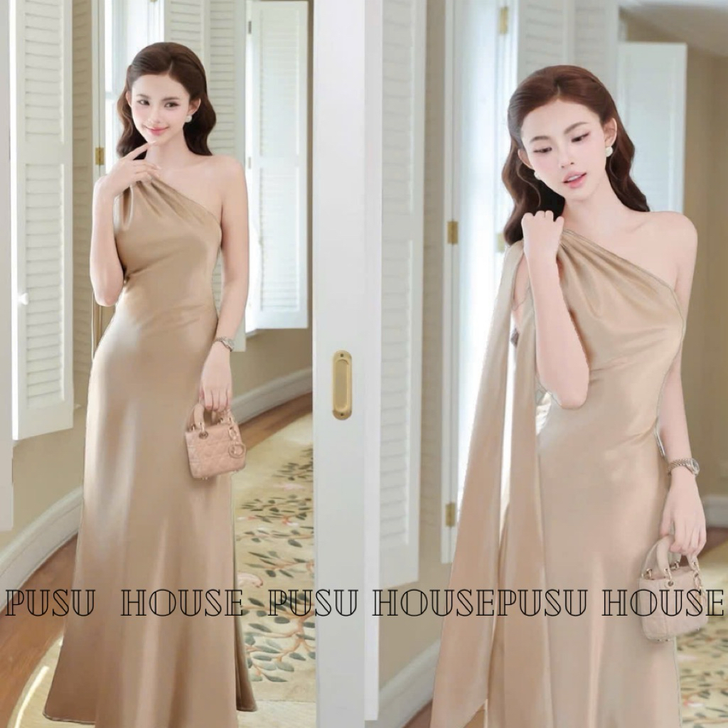 Đầm lụa dự tiệc cổ yếm lệch vai dáng dài sang chảnh - Pusu house