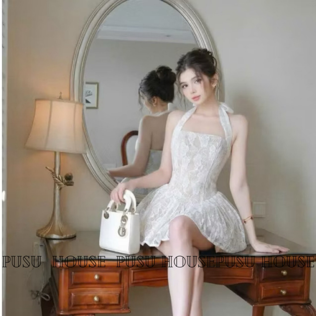 Đầm yếm ren đen trắng cổ yếm cột dây xoè bồng tiểu thư dự tiệc sang trọng- Pusu house