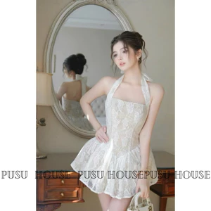 Đầm yếm ren đen trắng cổ yếm cột dây xoè bồng tiểu thư dự tiệc sang trọng- Pusu house