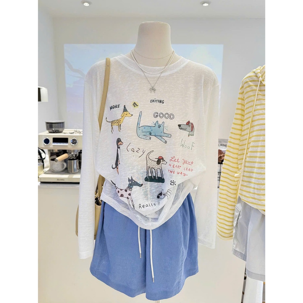 Áo thun xượt tay dài Trắng in hình thú cưng JULY FASHION, Áo thun nữ dài tay in hình, chất xượt mềm mùa Hè, mùa Đông