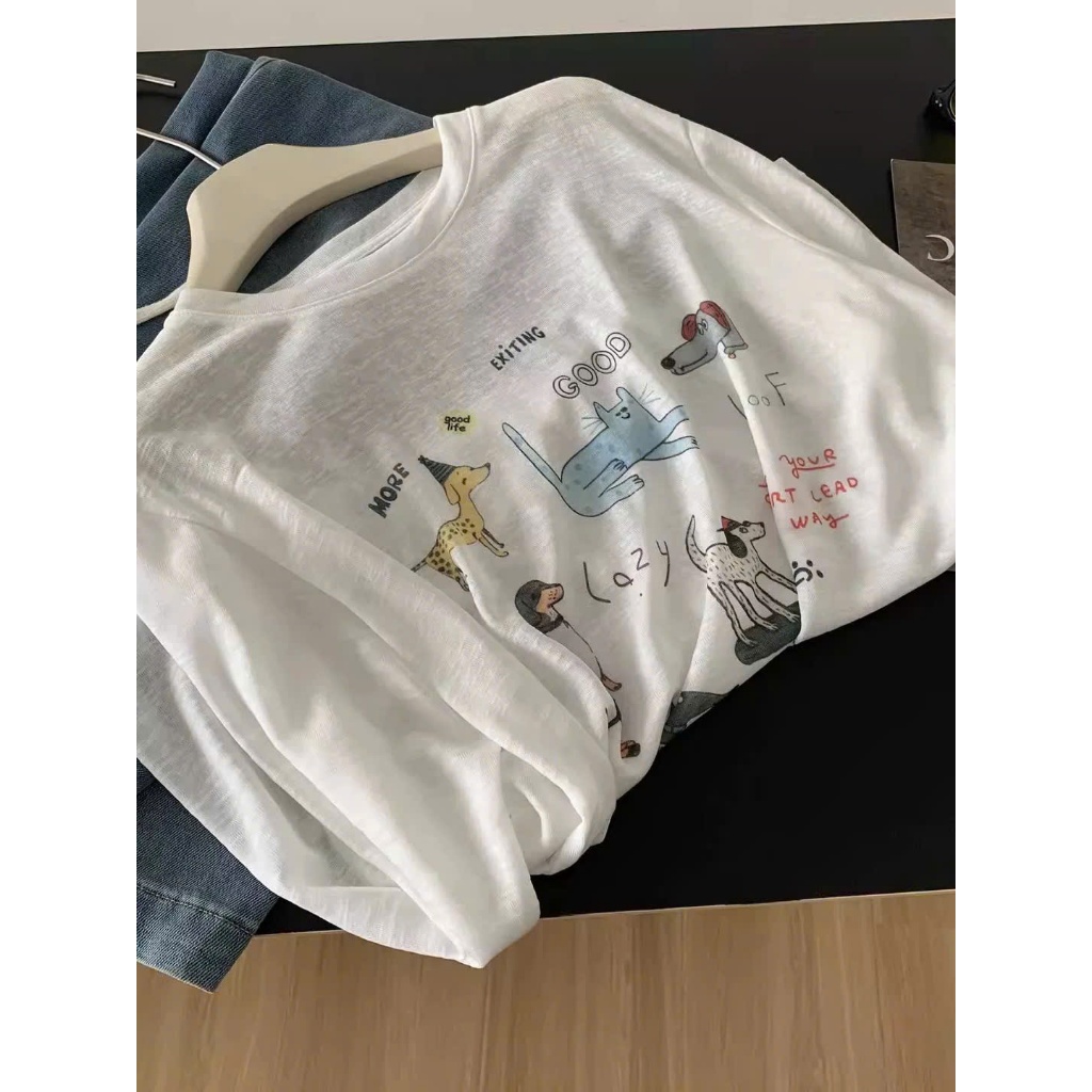 Áo thun xượt tay dài Trắng in hình thú cưng JULY FASHION, Áo thun nữ dài tay in hình, chất xượt mềm mùa Hè, mùa Đông