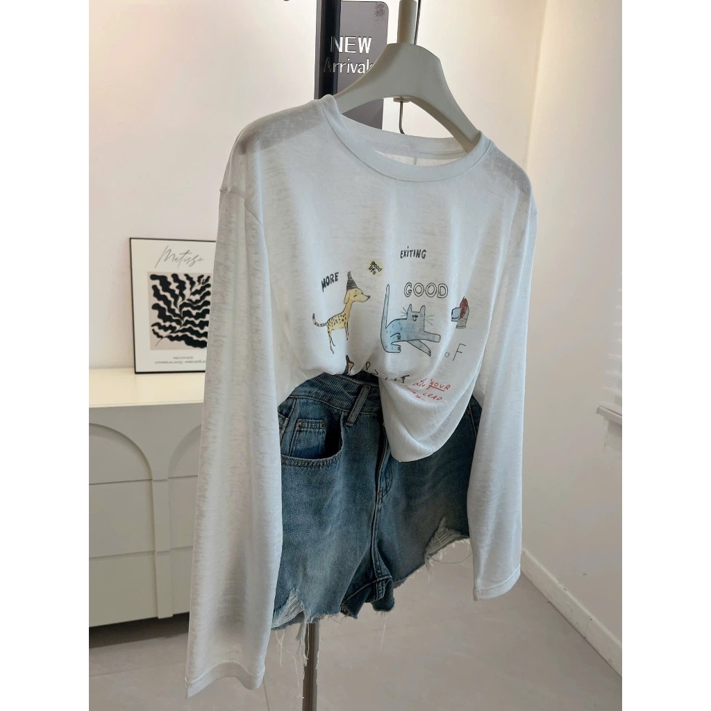 Áo thun xượt tay dài Trắng in hình thú cưng JULY FASHION, Áo thun nữ dài tay in hình, chất xượt mềm mùa Hè, mùa Đông