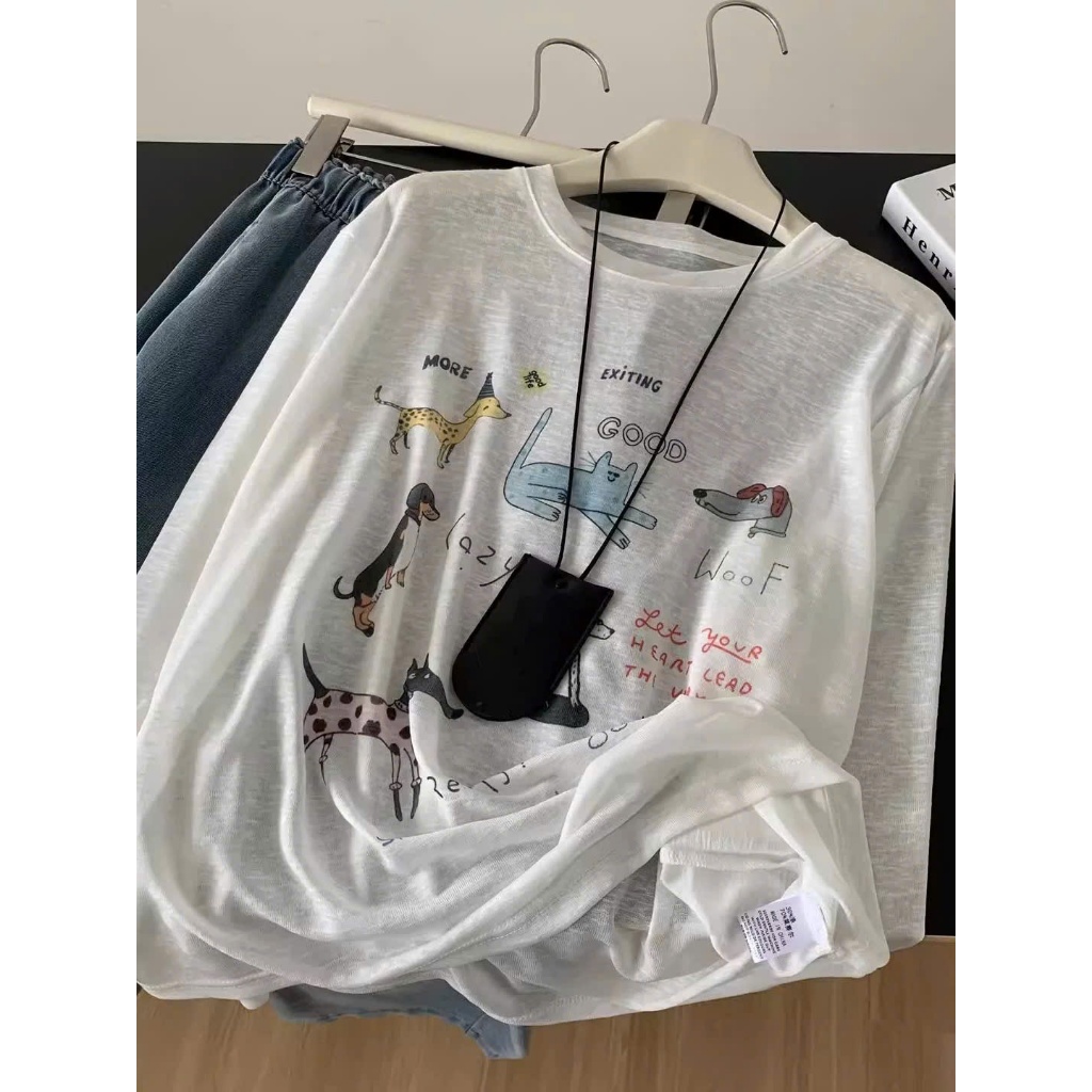 Áo thun xượt tay dài Trắng in hình thú cưng JULY FASHION, Áo thun nữ dài tay in hình, chất xượt mềm mùa Hè, mùa Đông