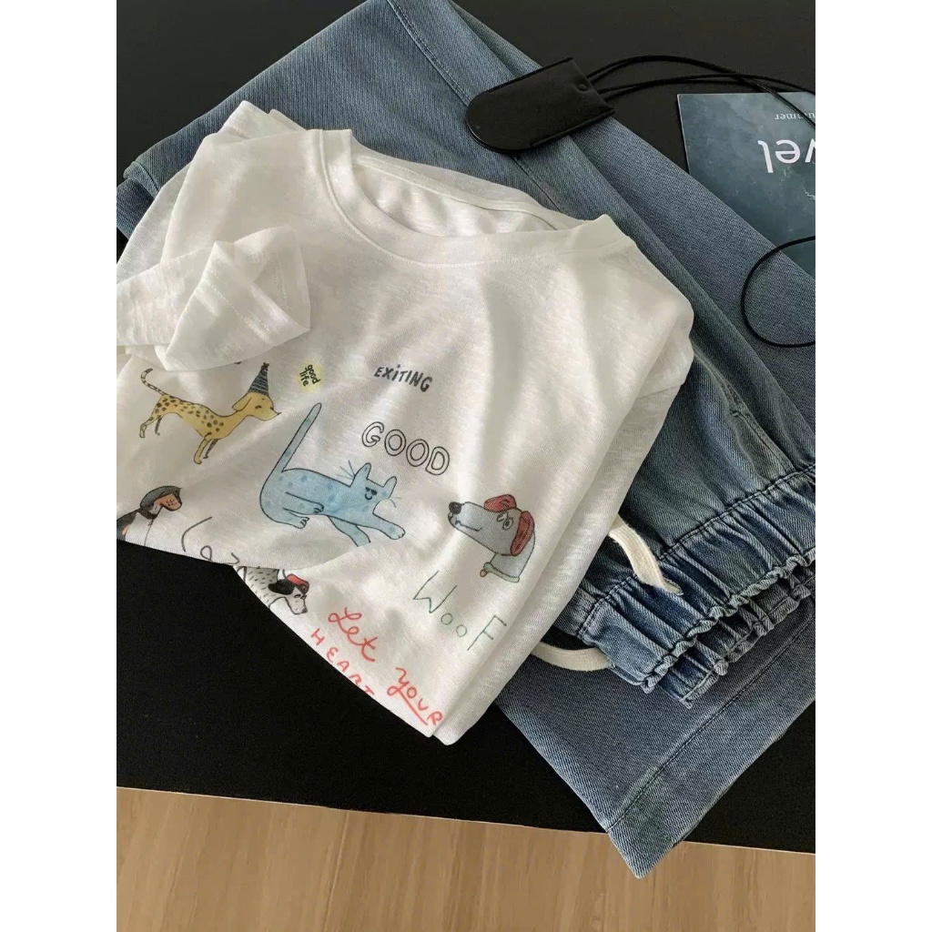 Áo thun xượt tay dài Trắng in hình thú cưng JULY FASHION, Áo thun nữ dài tay in hình, chất xượt mềm mùa Hè, mùa Đông