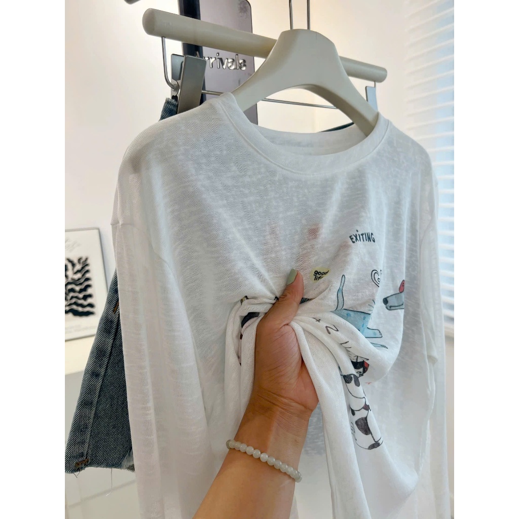 Áo thun xượt tay dài Trắng in hình thú cưng JULY FASHION, Áo thun nữ dài tay in hình, chất xượt mềm mùa Hè, mùa Đông