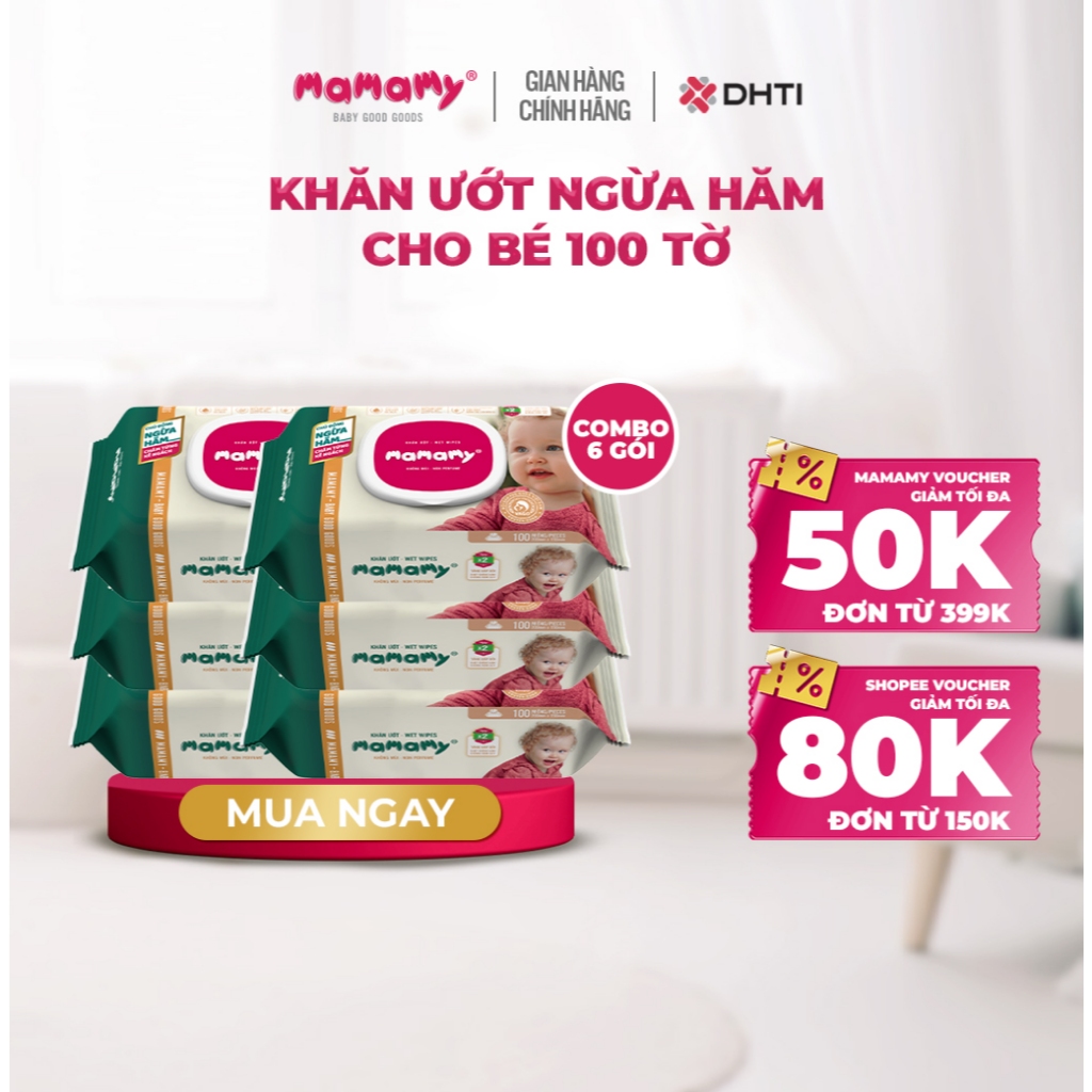 Khăn ướt cao cấp cho bé Mamamy gói 100 tờ sợi tự nhiên gấp đôi ngừa hăm ...