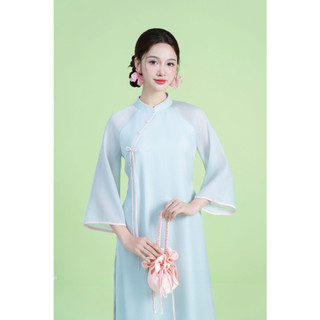 Áo Dài Cách Tân Xanh Ngọc Cổ Tàu Tay Lỡ 4 Tà - Duyên Dáng, Thướt Tha, Sang Trọng | Áo dài Phương Linh