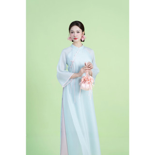 Áo Dài Cách Tân Xanh Ngọc Cổ Tàu Tay Lỡ 4 Tà - Duyên Dáng, Thướt Tha, Sang Trọng | Áo dài Phương Linh
