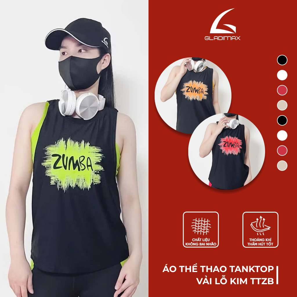 Áo thể thao Gladimax Tanktop Zumba vải lỗ kim dáng rộng thoáng mát, mặc thoải mái...